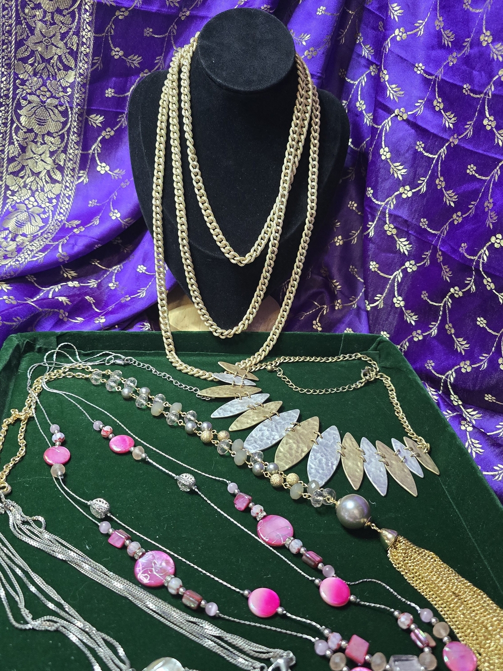 Gold-Tone Layered Chain Necklace with Pink Accent Beads